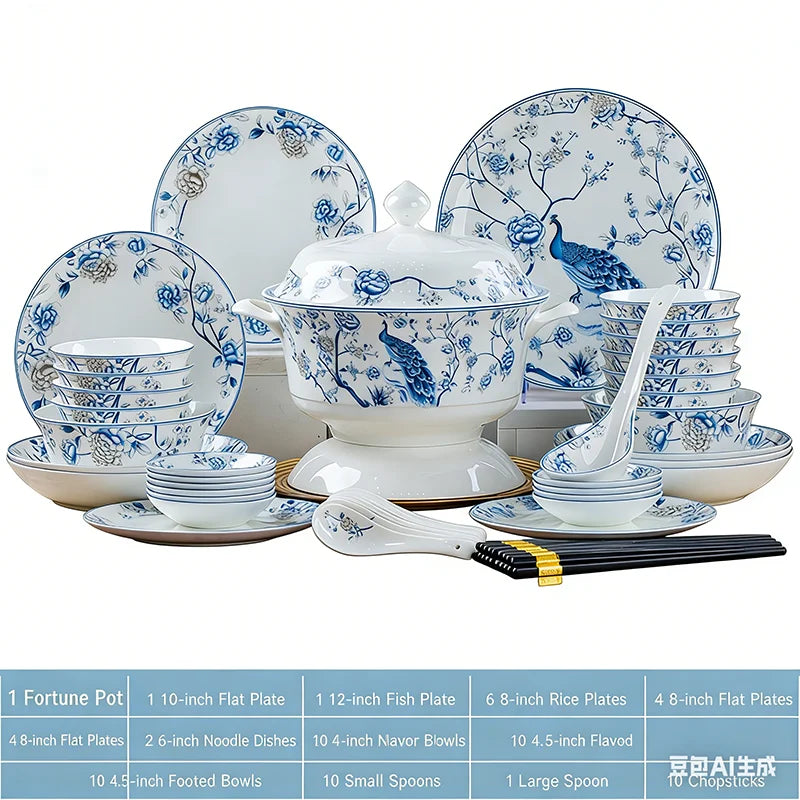 Luxury Blue & White Bone China Dinnerware Set | Floral Porcelain Tableware (18–60 Pieces)