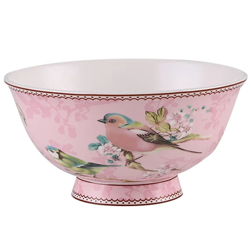 Luxury Pink Bird Bone China Dinnerware Set | European Floral Bowl Collection