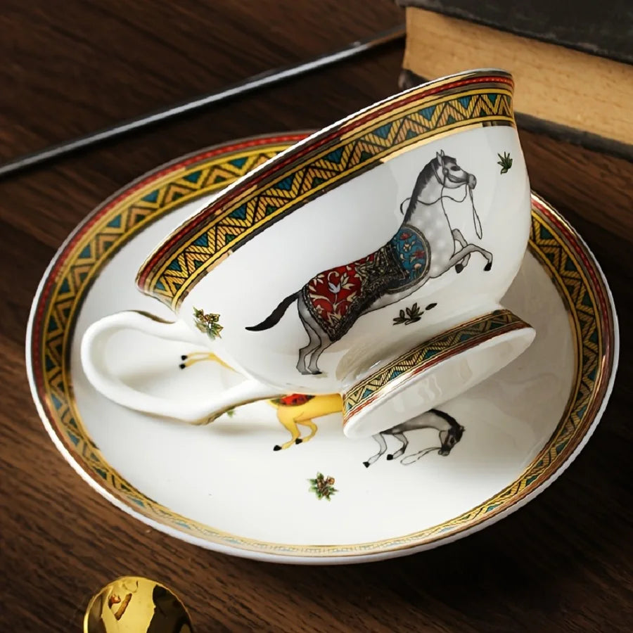 Luxury Bone China Coffee Cup & Saucer Set | Running Horse Afternoon Tea Collection
