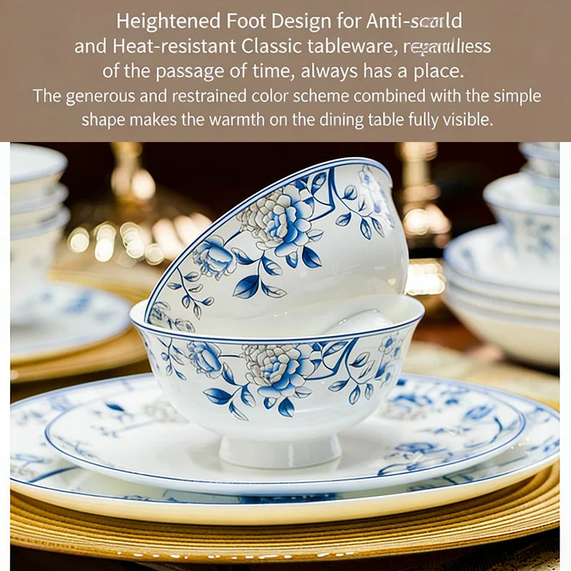 Luxury Blue & White Bone China Dinnerware Set | Floral Porcelain Tableware (18–60 Pieces)