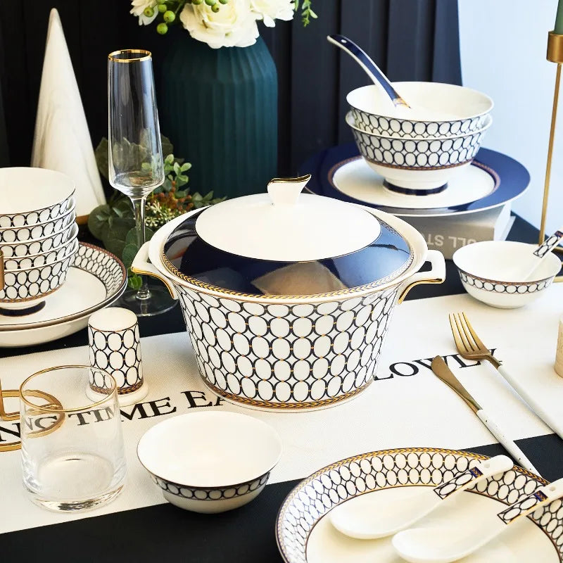 Luxury Bone China Dinnerware Set for 10+ | Gold Trim Chinese Style Tableware