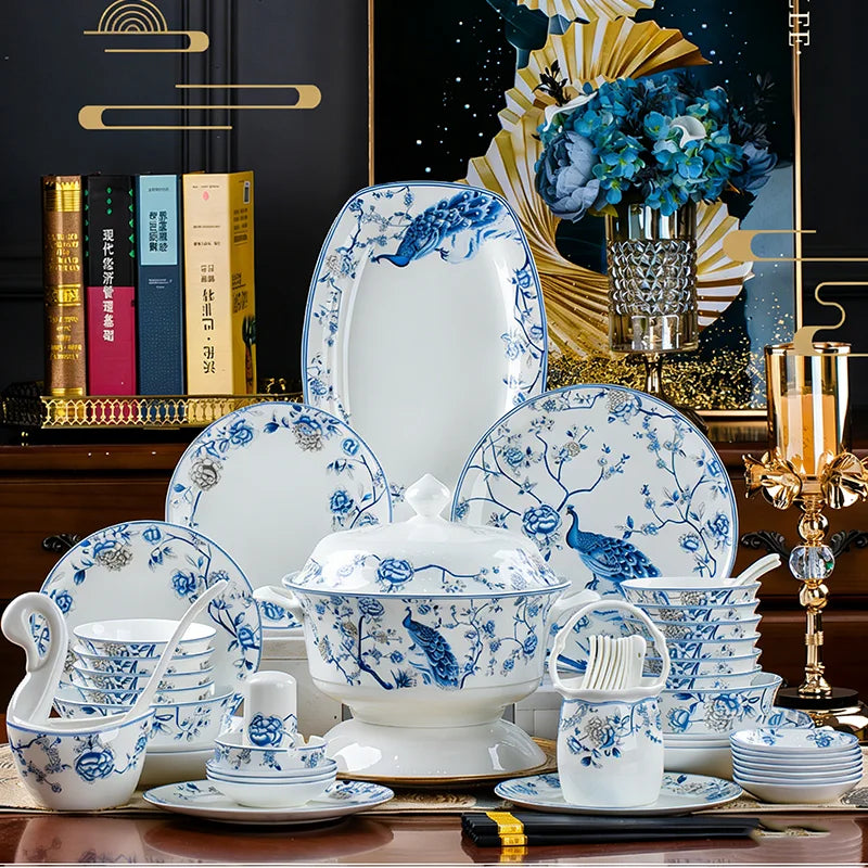 Luxury Blue & White Bone China Dinnerware Set | Floral Porcelain Tableware (18–60 Pieces)