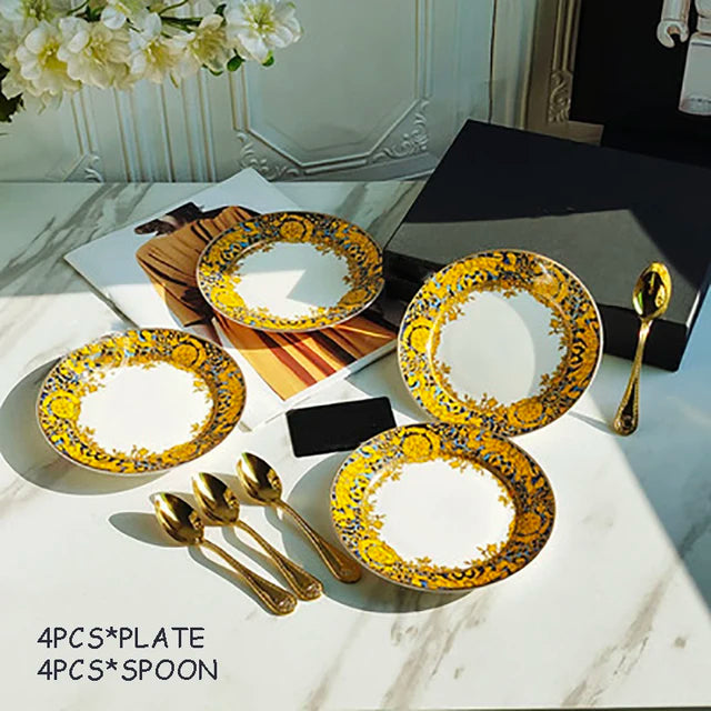 Luxury Bone China Dinnerware Set | Gold Rim Floral Steak Plate & Coffee Cup Collection