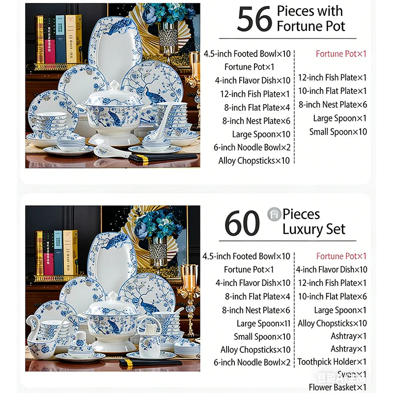 Luxury Blue & White Bone China Dinnerware Set | Floral Porcelain Tableware (18–60 Pieces)
