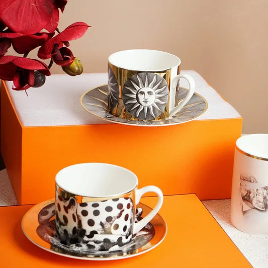 Luxury Italian Ceramic Coffee Cup Set | Vintage Mug & Saucer with Tray