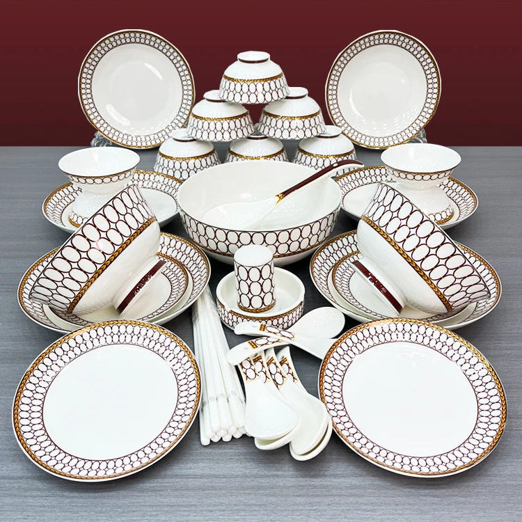 Luxury Bone China Dinnerware Set for 10+ | Gold Trim Chinese Style Tableware