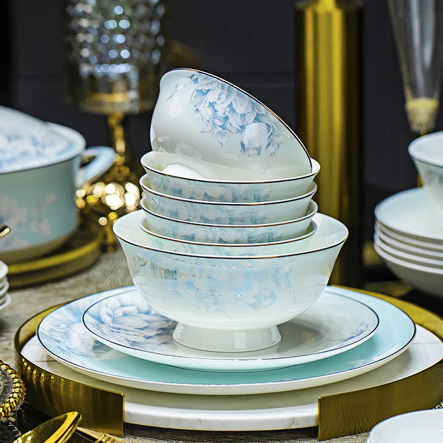 Luxury Bone China Dinnerware Set | Floral Frost Finish Tableware (18–56 Pieces