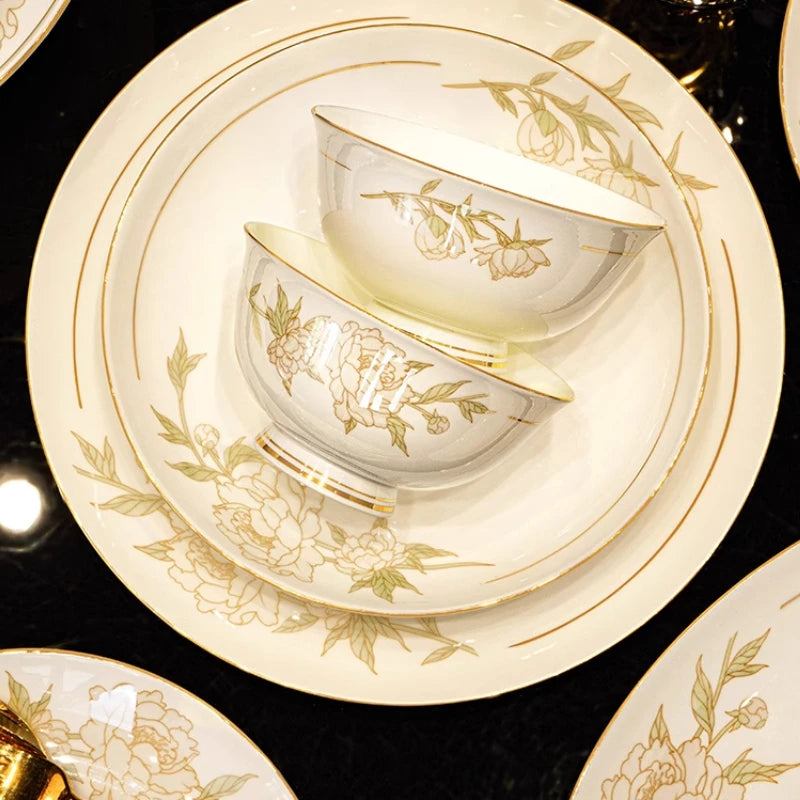 Luxury Floral Porcelain Dinnerware Set | Peony Feast Light Luxury Collection