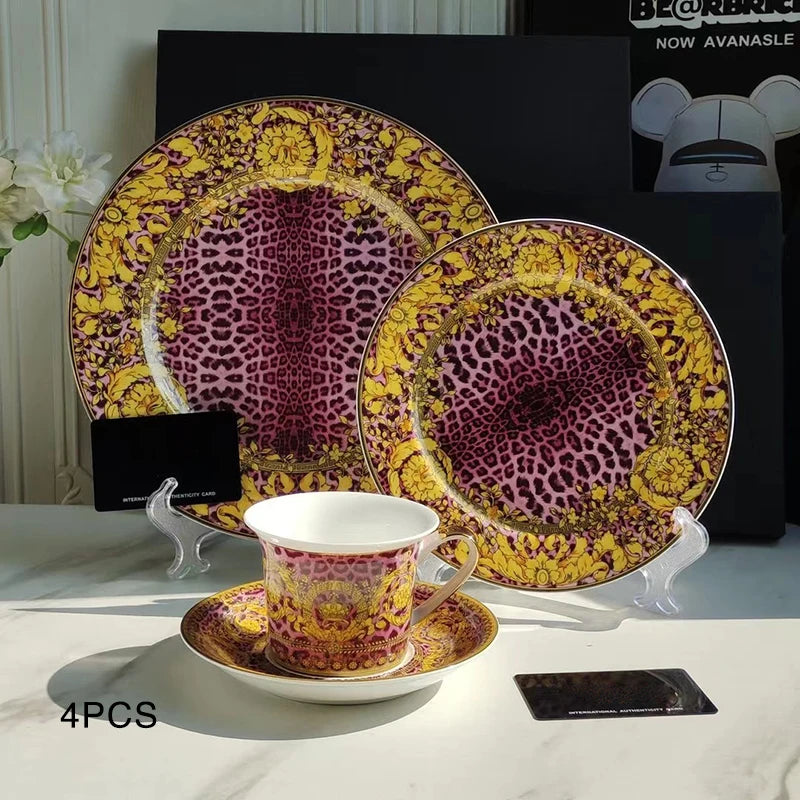 Luxury Bone China Dinnerware Set | Gold Rim Floral Steak Plate & Coffee Cup Collection