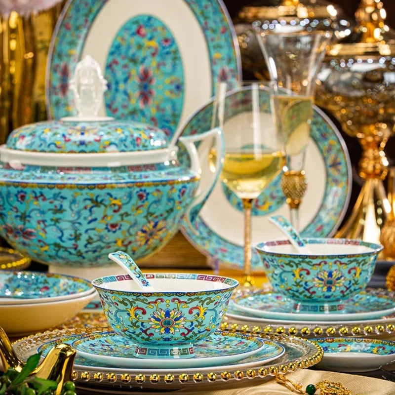 Luxury Bone China Dinnerware Set | Chinese Court Style Ceramic Bowl Collection