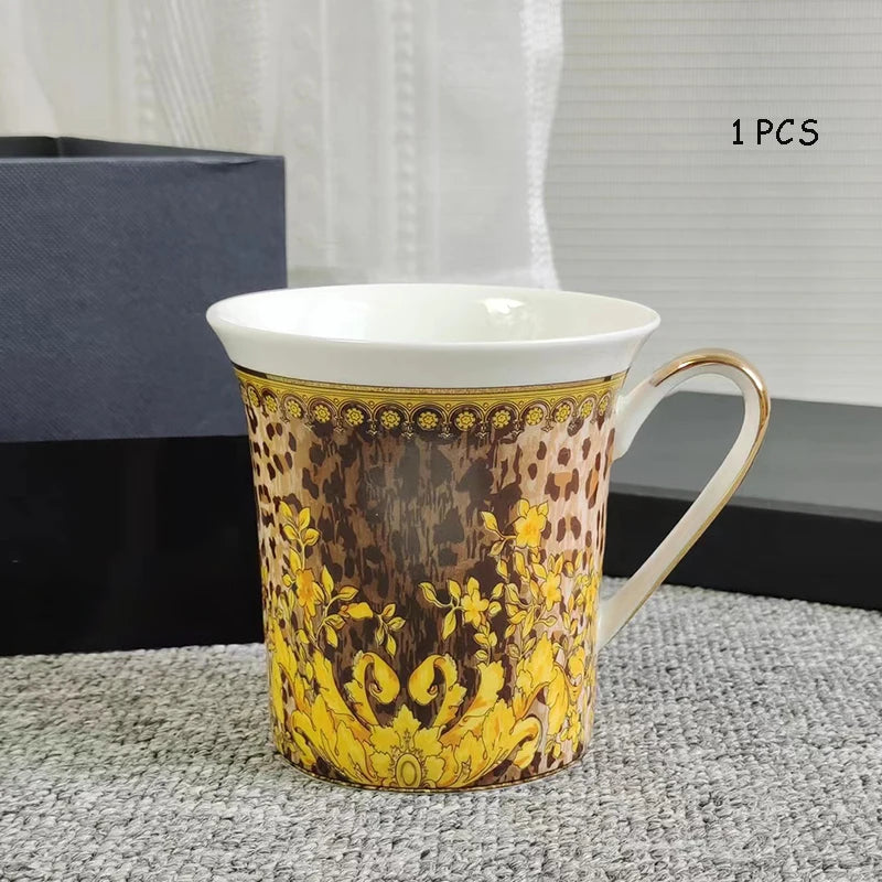 Luxury Bone China Dinnerware Set | Gold Rim Floral Steak Plate & Coffee Cup Collection