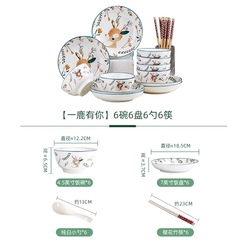 Luxury Bambi Japanese Porcelain Dinnerware Set | Floral Underglaze Bowls (6–10 Pieces)