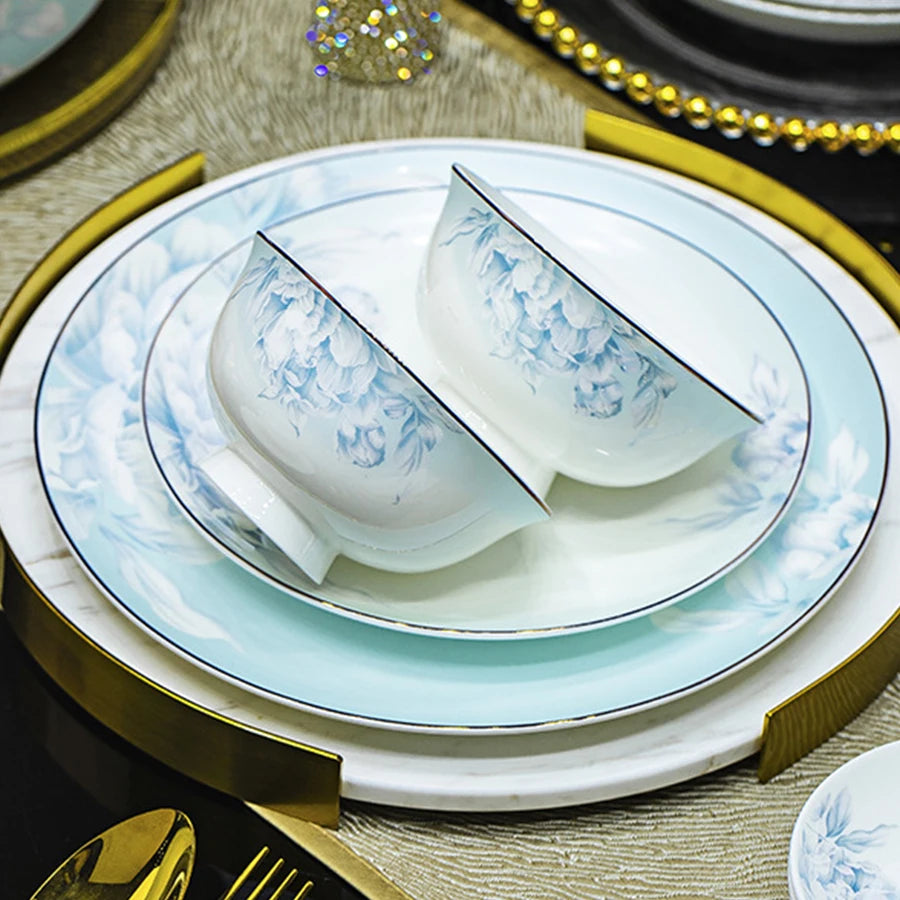 Luxury Bone China Dinnerware Set | Floral Frost Finish Tableware (18–56 Pieces