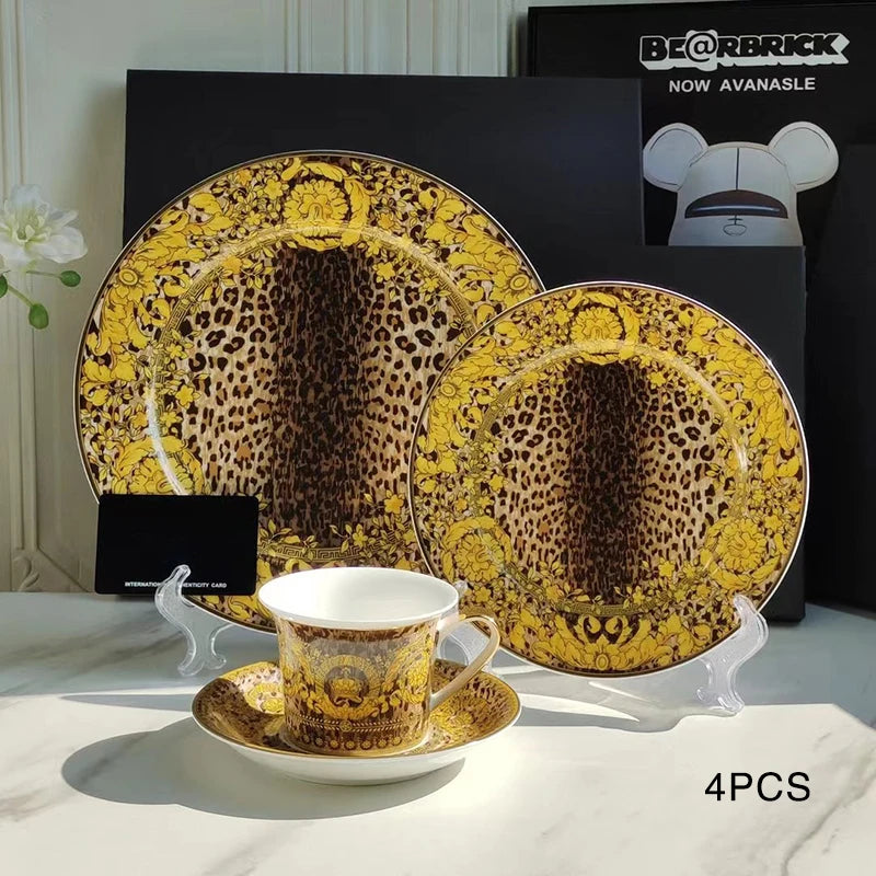 Luxury Bone China Dinnerware Set | Gold Rim Floral Steak Plate & Coffee Cup Collection