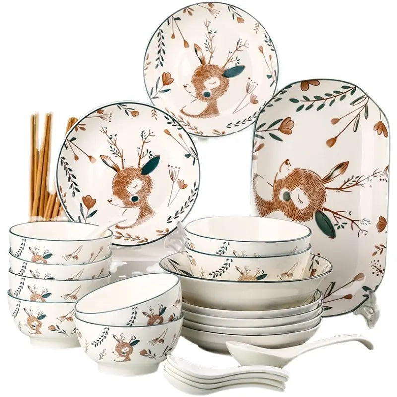 Luxury Bambi Japanese Porcelain Dinnerware Set | Floral Underglaze Bowls (6–10 Pieces)