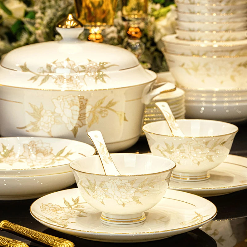 Luxury Floral Porcelain Dinnerware Set | Peony Feast Light Luxury Collection