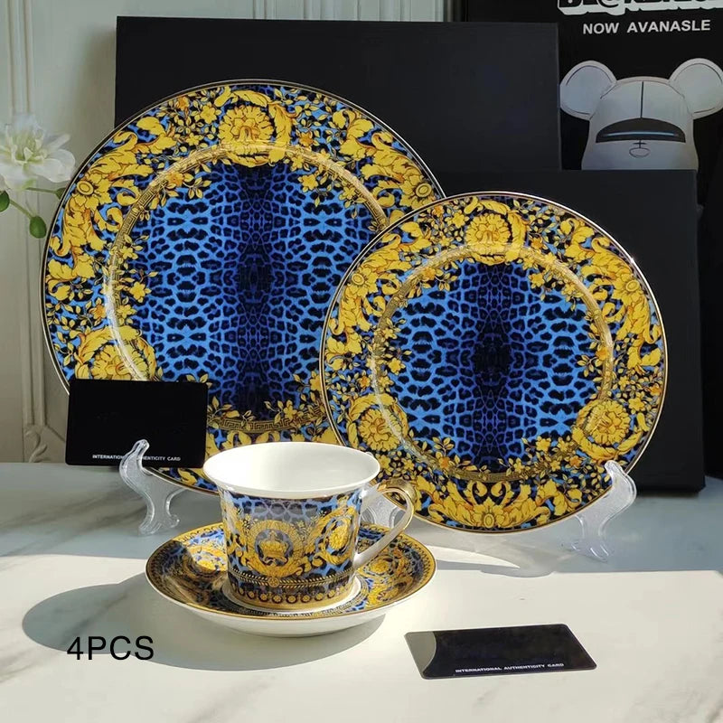 Luxury Bone China Dinnerware Set | Gold Rim Floral Steak Plate & Coffee Cup Collection