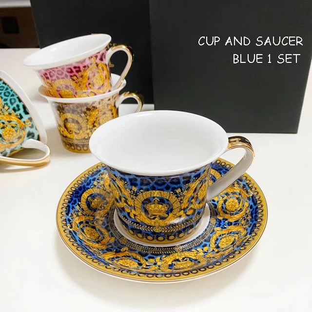 Luxury Bone China Dinnerware Set | Gold Rim Floral Steak Plate & Coffee Cup Collection