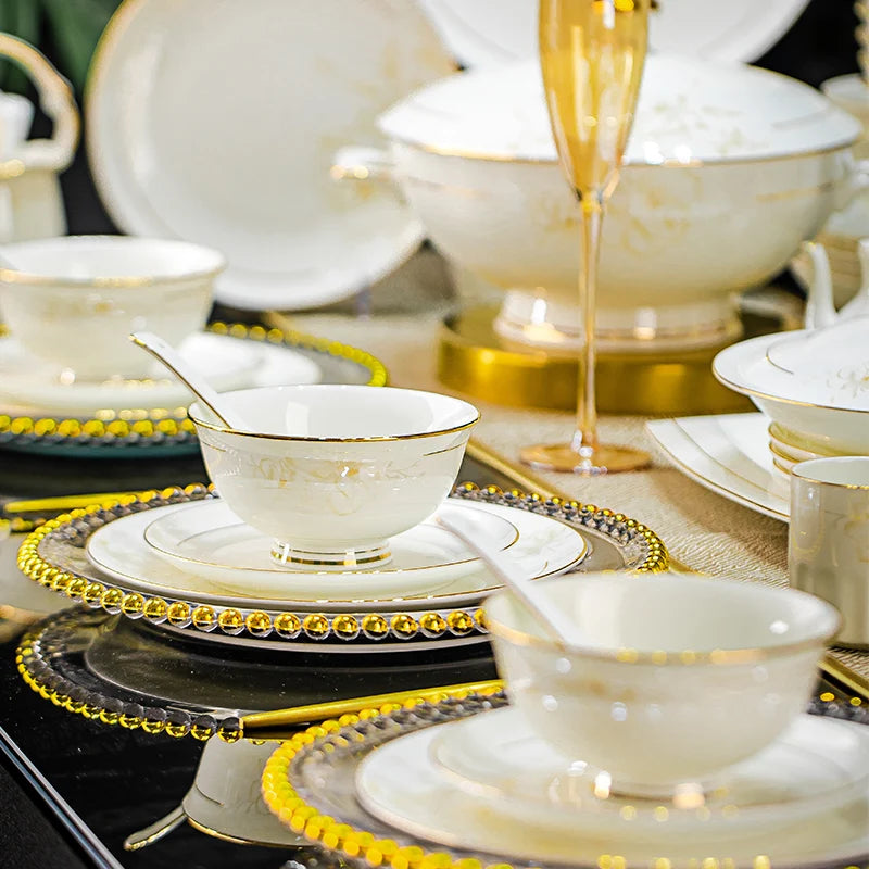 Luxury Bone China Dinnerware Set with Gold Inlay | Floral Light Luxury Tableware (10+ Pieces)