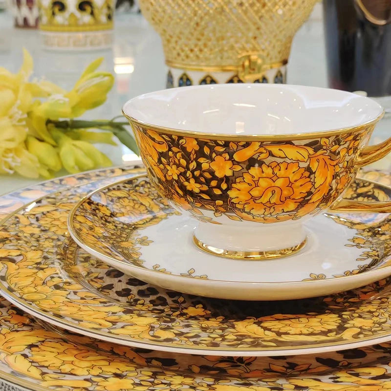 Luxury Bone China Dinnerware Set | Gold Rim Floral Steak Plate & Coffee Cup Collection
