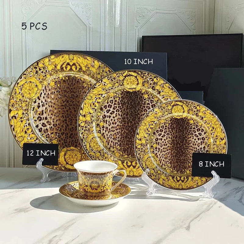 Luxury Bone China Dinnerware Set | Gold Rim Floral Steak Plate & Coffee Cup Collection