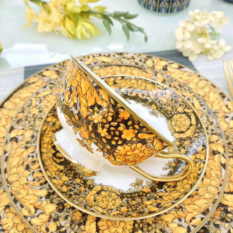 Luxury Bone China Dinnerware Set | Gold Rim Floral Steak Plate & Coffee Cup Collection