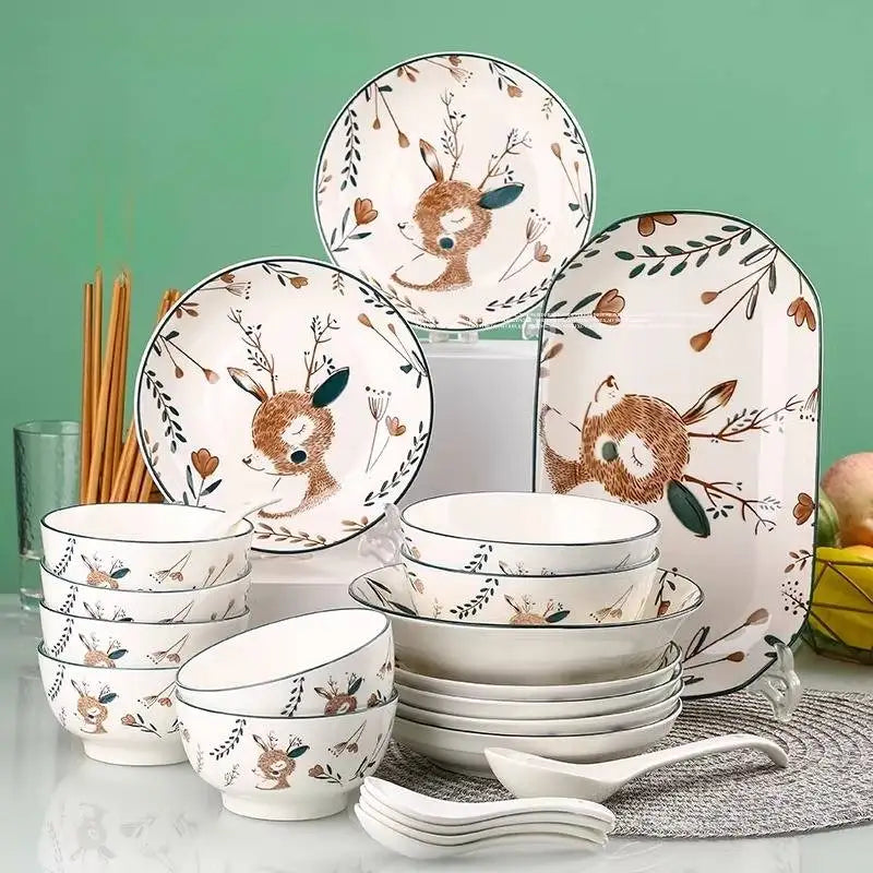 Luxury Bambi Japanese Porcelain Dinnerware Set | Floral Underglaze Bowls (6–10 Pieces)