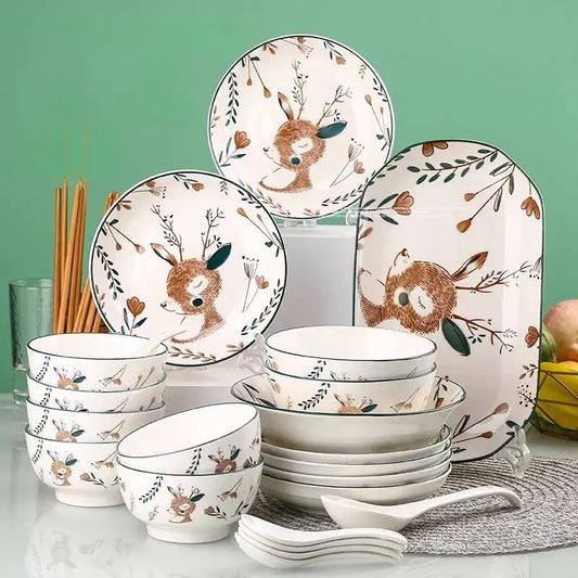 Luxury Bambi Japanese Porcelain Dinnerware Set | Floral Underglaze Bowls (6–10 Pieces)