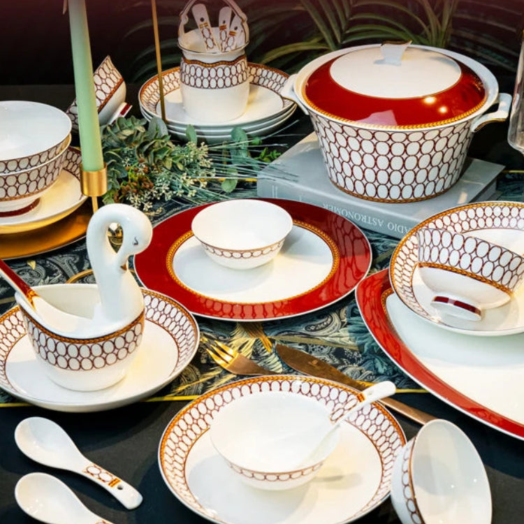 Luxury Bone China Dinnerware Set for 10+ | Gold Trim Chinese Style Tableware