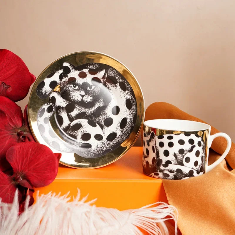 Luxury Italian Ceramic Coffee Cup Set | Vintage Mug & Saucer with Tray