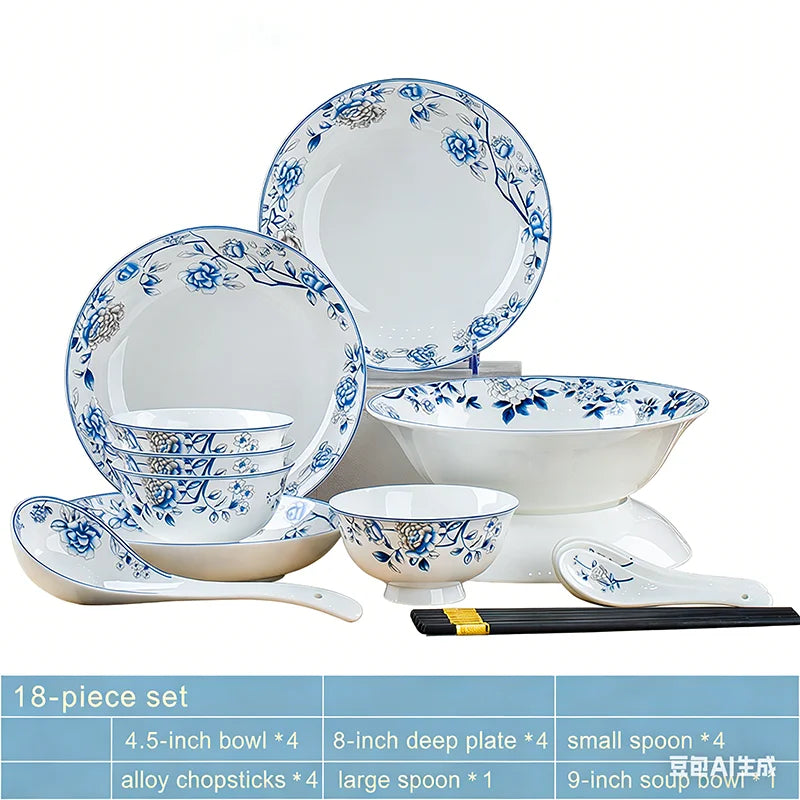 Luxury Blue & White Bone China Dinnerware Set | Floral Porcelain Tableware (18–60 Pieces)