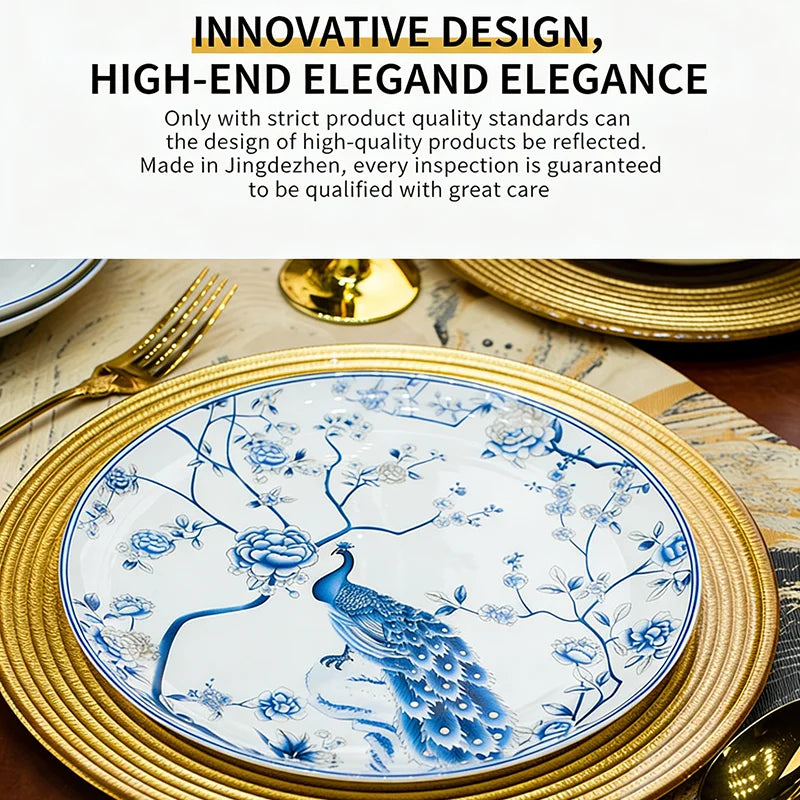 Luxury Blue & White Bone China Dinnerware Set | Floral Porcelain Tableware (18–60 Pieces)
