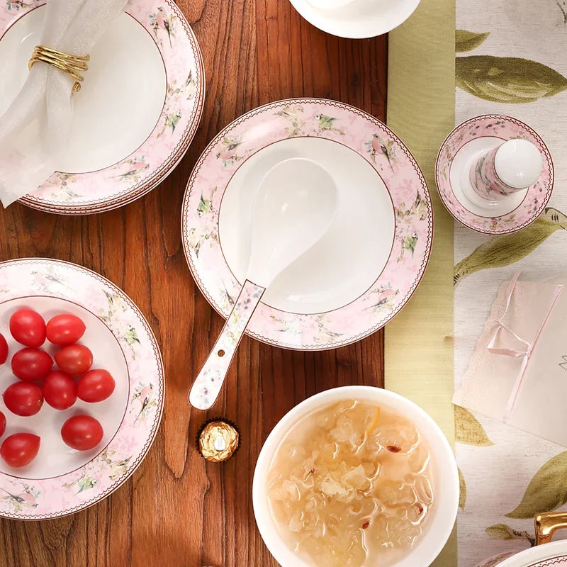 Luxury Pink Bird Bone China Dinnerware Set | European Floral Bowl Collection