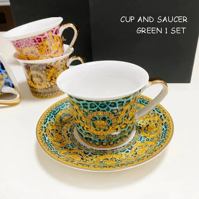 Luxury Bone China Dinnerware Set | Gold Rim Floral Steak Plate & Coffee Cup Collection