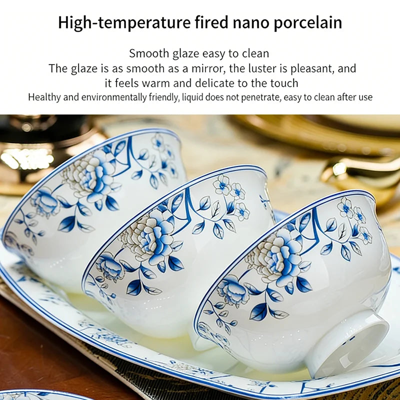 Luxury Blue & White Bone China Dinnerware Set | Floral Porcelain Tableware (18–60 Pieces)