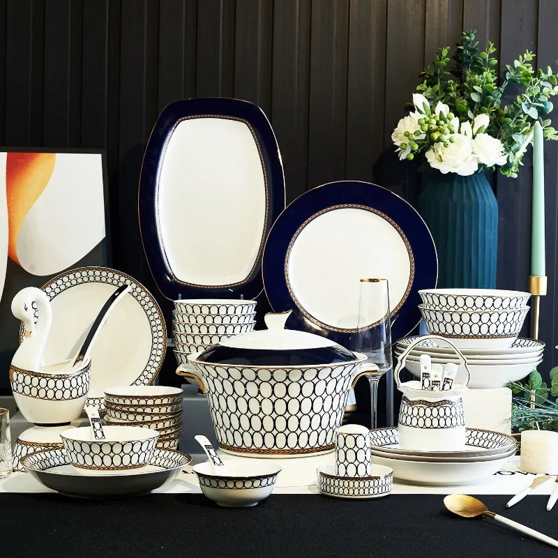Luxury Bone China Dinnerware Set for 10+ | Gold Trim Chinese Style Tableware