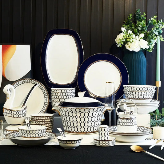 Luxury Bone China Dinnerware Set for 10+ | Gold Trim Chinese Style Tableware