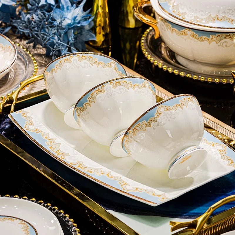 Luxury French Bone China Bowl Set | Gold Trim Dinnerware Collection (6–10 Pieces