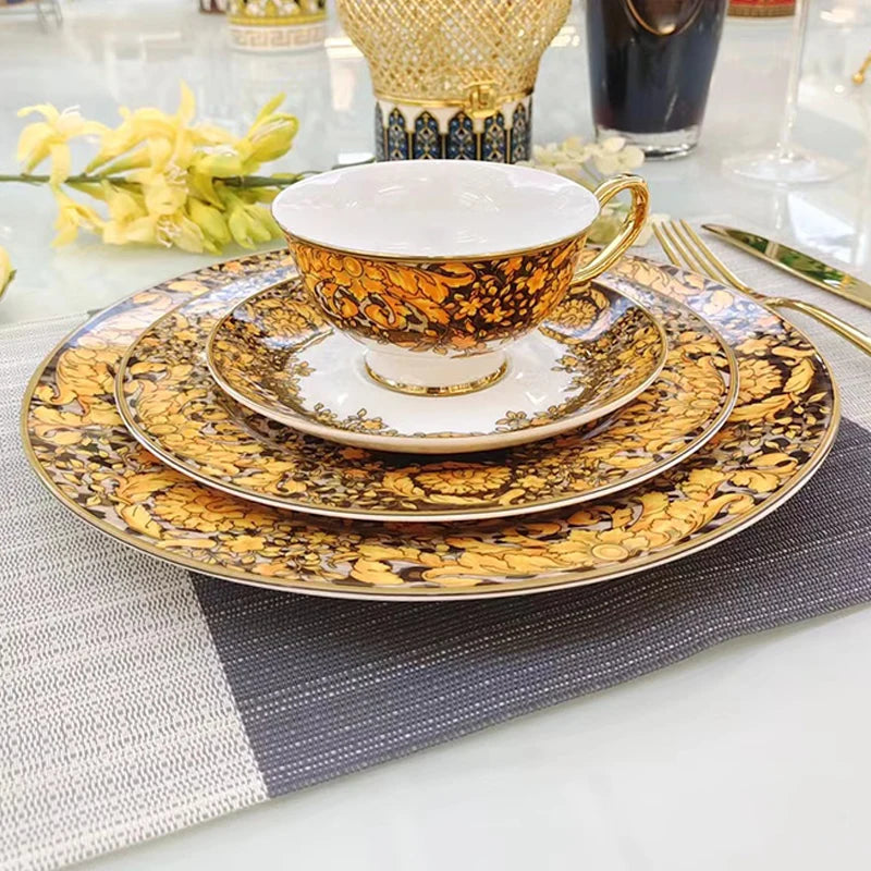 Luxury Bone China Dinnerware Set | Gold Rim Floral Steak Plate & Coffee Cup Collection