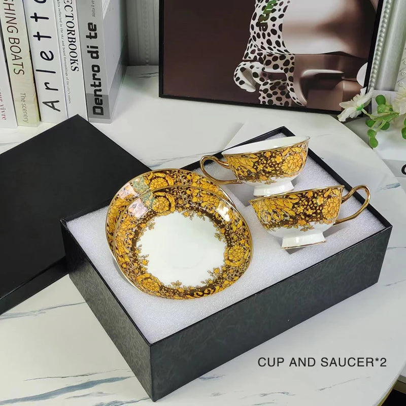 Luxury Bone China Dinnerware Set | Gold Rim Floral Steak Plate & Coffee Cup Collection