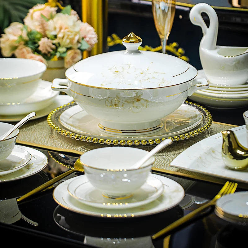 Luxury Bone China Dinnerware Set with Gold Inlay | Floral Light Luxury Tableware (10+ Pieces)
