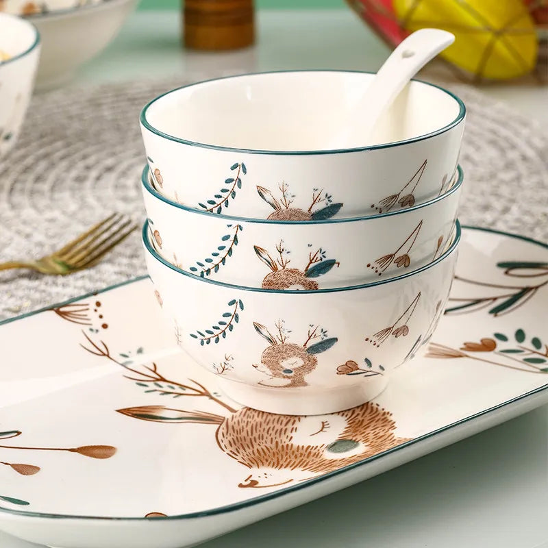 Luxury Bambi Japanese Porcelain Dinnerware Set | Floral Underglaze Bowls (6–10 Pieces)