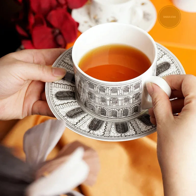 Luxury Italian Ceramic Coffee Cup Set | Vintage Mug & Saucer with Tray