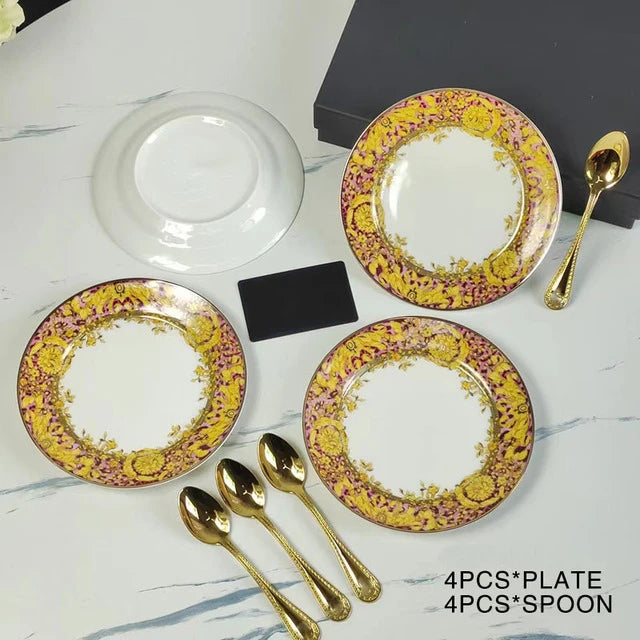 Luxury Bone China Dinnerware Set | Gold Rim Floral Steak Plate & Coffee Cup Collection