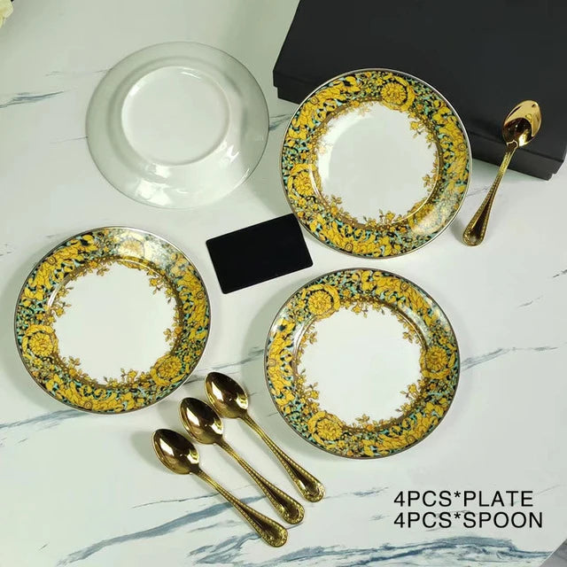 Luxury Bone China Dinnerware Set | Gold Rim Floral Steak Plate & Coffee Cup Collection