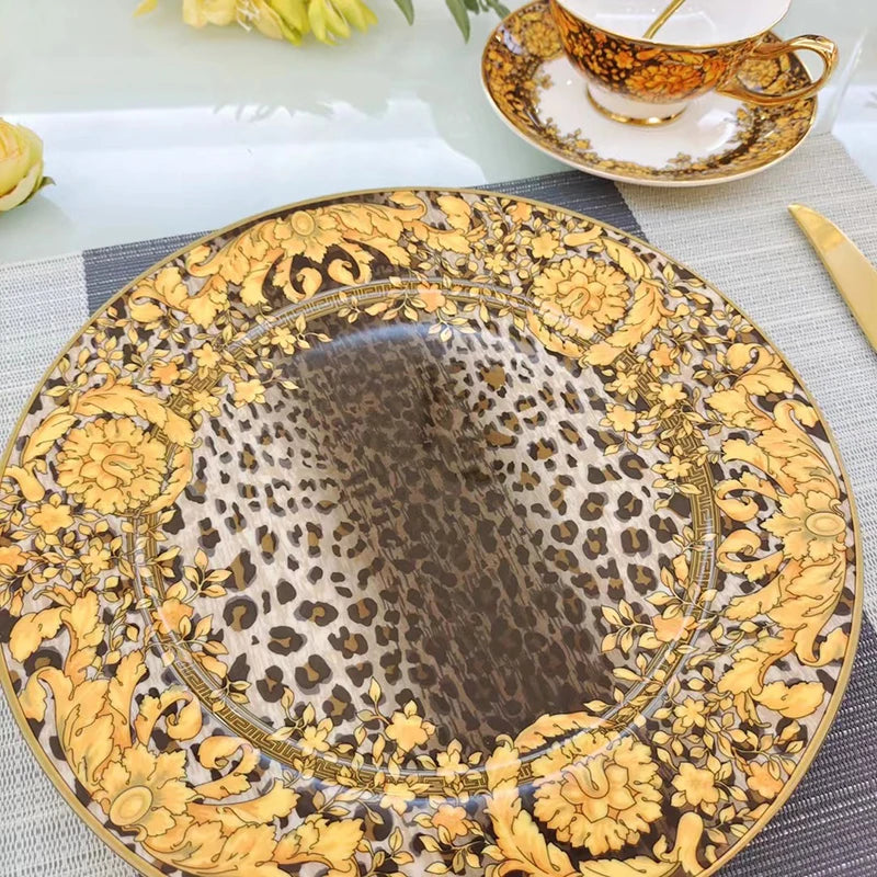 Luxury Bone China Dinnerware Set | Gold Rim Floral Steak Plate & Coffee Cup Collection