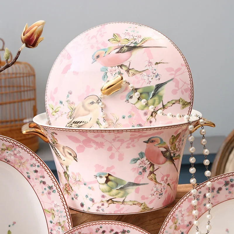 Luxury Pink Bird Bone China Dinnerware Set | European Floral Bowl Collection