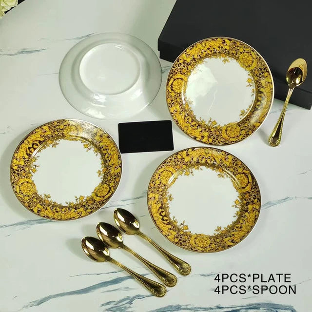 Luxury Bone China Dinnerware Set | Gold Rim Floral Steak Plate & Coffee Cup Collection