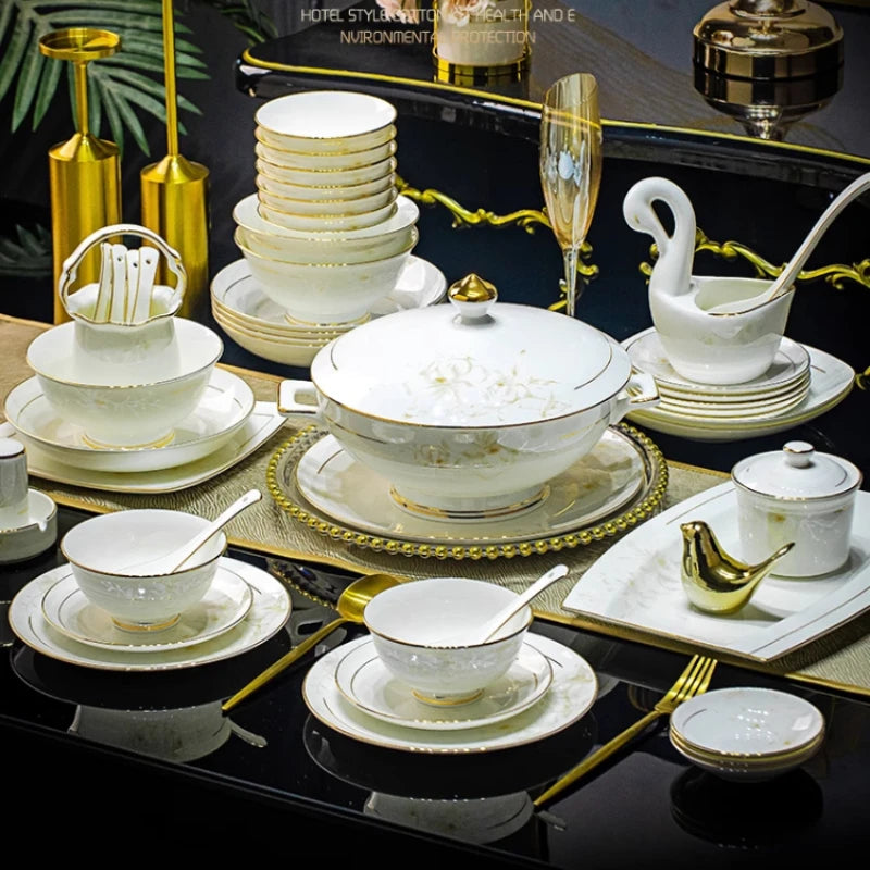 Luxury Bone China Dinnerware Set with Gold Inlay | Floral Light Luxury Tableware (10+ Pieces)