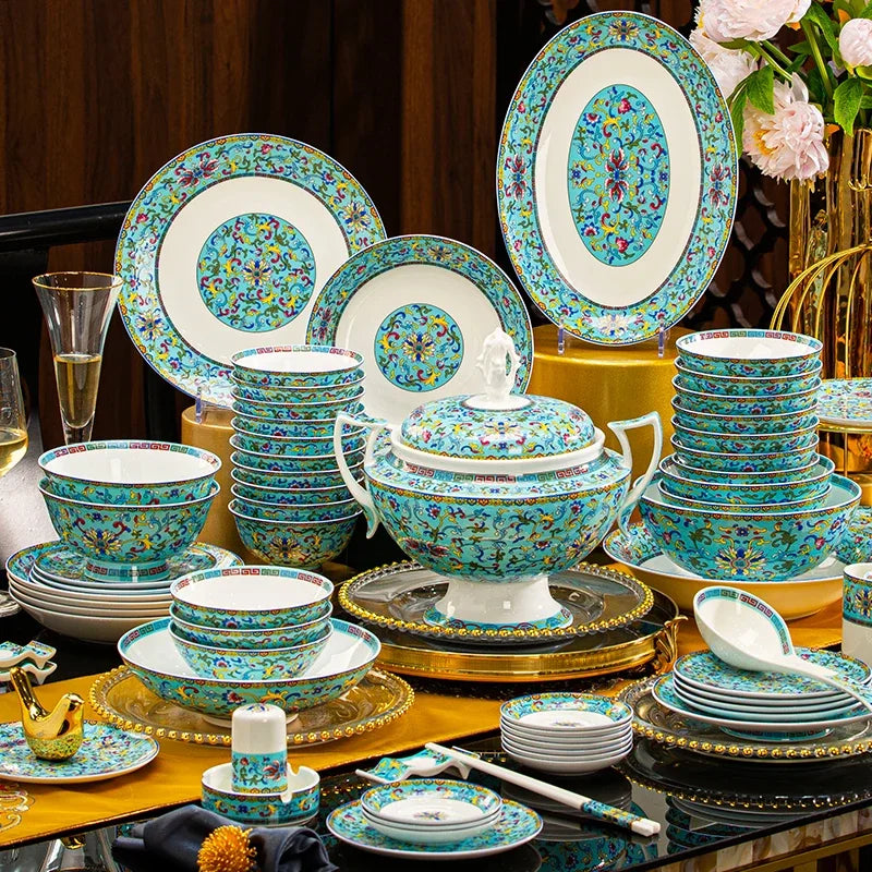 Luxury Bone China Dinnerware Set | Chinese Court Style Ceramic Bowl Collection